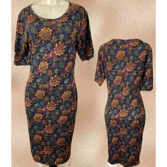 LulaRoe M Winter Color Floral Print Crew Neckline Half Sleeve Below Knee Dress - Picture 1 of 6